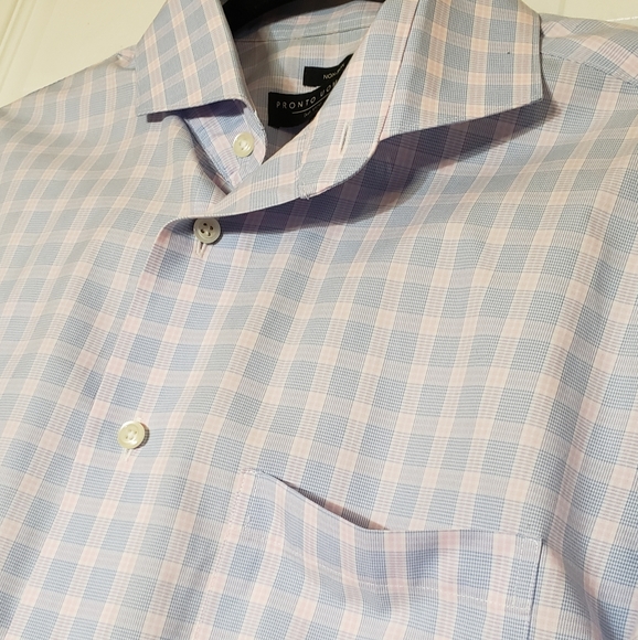 Pronto Uomo Men's Blue Plaid Slim Fit Non Iron Dress Shirt Size 16 36/37 Tall - Picture 8 of 12